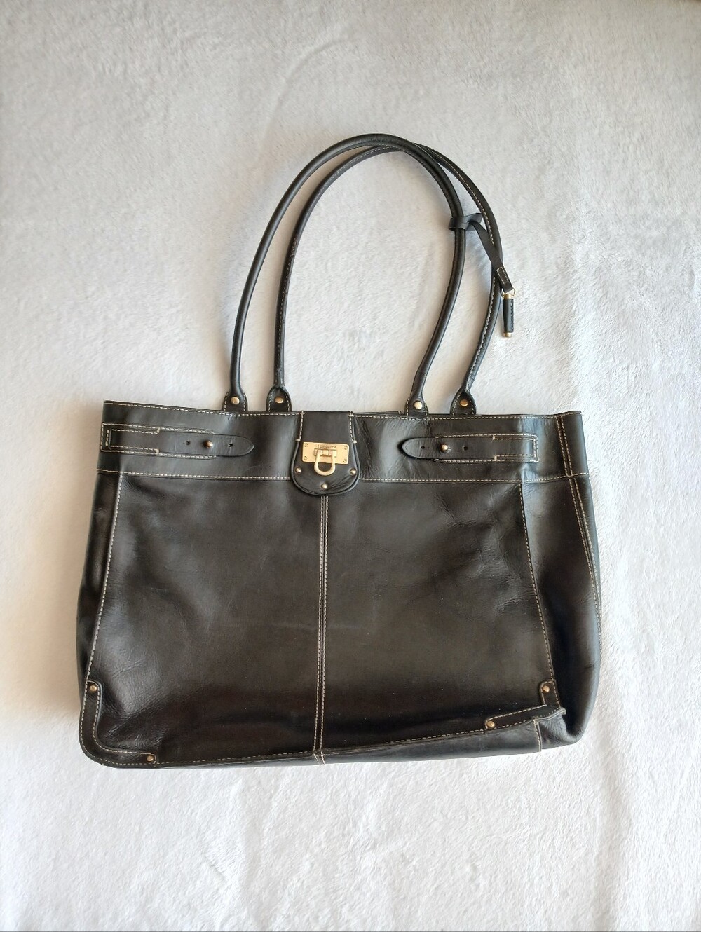 VTG Liz Claiborne Black Leather Belted Lock Tote Bag Work Laptop Shoulder Bag